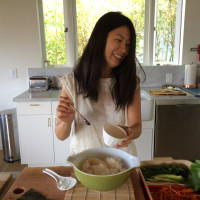Add the dressing to the rice (and don't forget to smile like cutie pie Jeana!).